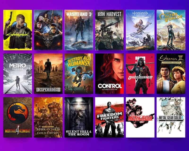 Na fioletowym tle widnieją grafiki przedstawiające pudełka z gier, które znalazły się w katalogu GOG w 2020 roku