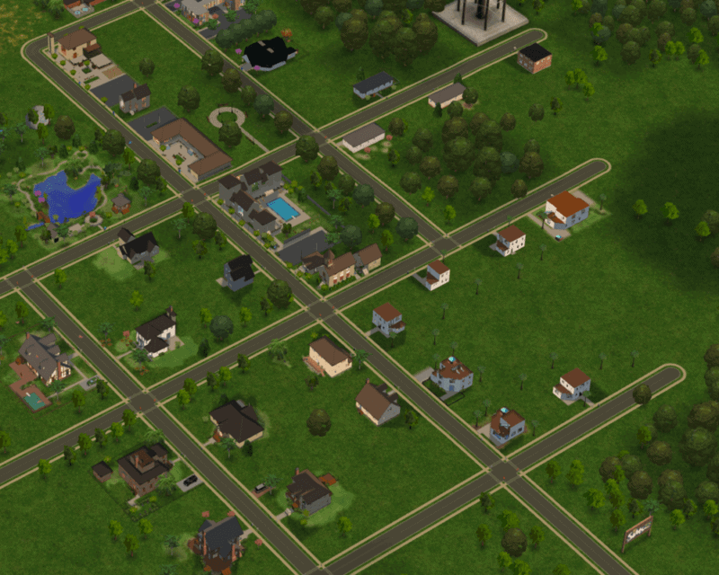 kulisy The Sims 2, ma obrazku rzut z lotu ptaka na miasteczko, ulice, domki, kawałek lasu