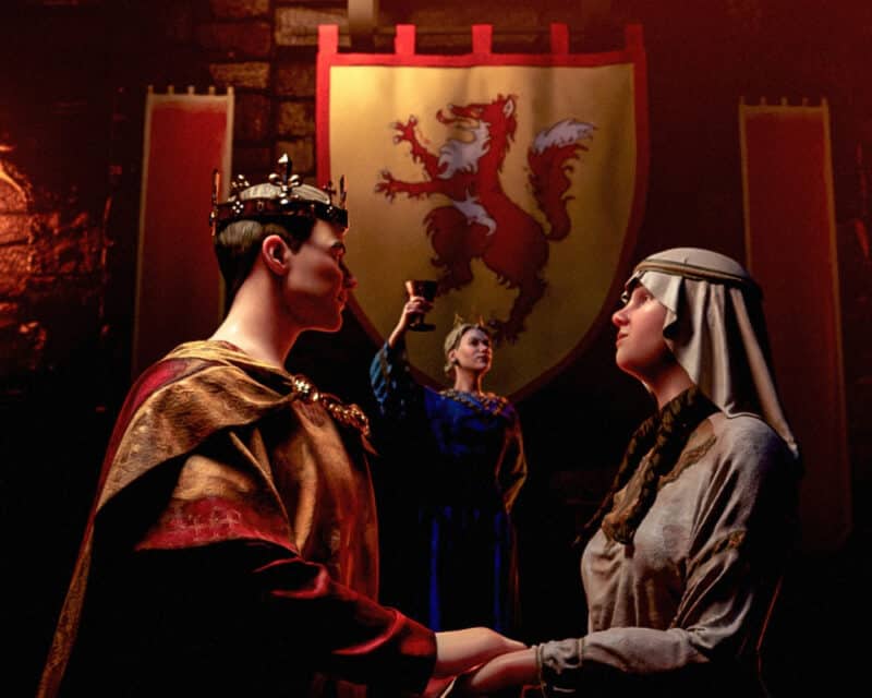 zwiastun Crusader Kings 3: Royal Court postacie ślub sala tronowa