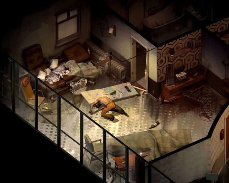 Disco Elysium: The Final Cut Australia zakaz - screen z gry, postać leżąca na podłodze