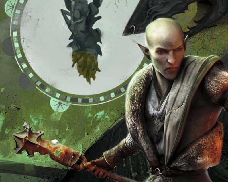premiera Dragon Age 4 w 2022 roku, na grafice na pierwszym planie łysy elf o imieniu Solas, w tle zielony dym i biały okrąg z cieniem zmory