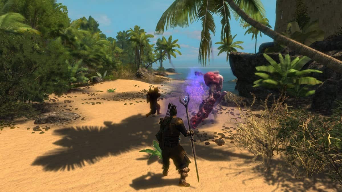 Enderal – postać z gry, plaża, palmy