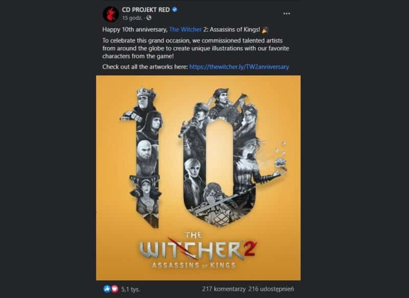 post w Facebook o dziesiątych urodzinach Wiedźmin 2