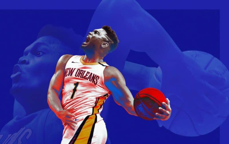 NBA 2k21 za darmo, koszykarz w białym stroju z napisem New Orleans i numerem 1 i piłką w lewej ręce w trakcie skoku