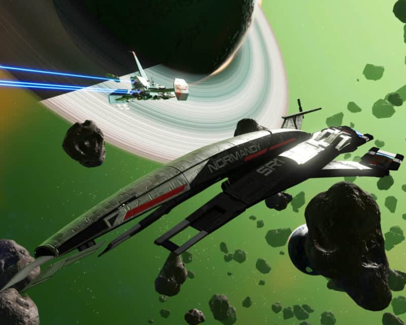 Grafika z gry No Man's Sky - Normandia na tle planety o pierścieniach niczym Saturn