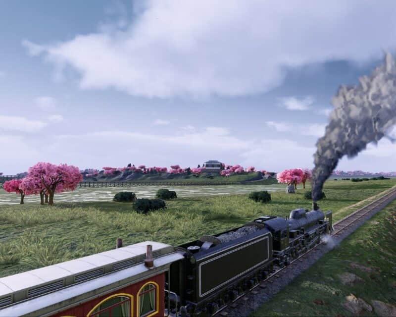 Railway Empire Japonia dodatek - screen z gry, pociąg, kwitnące wiśnie