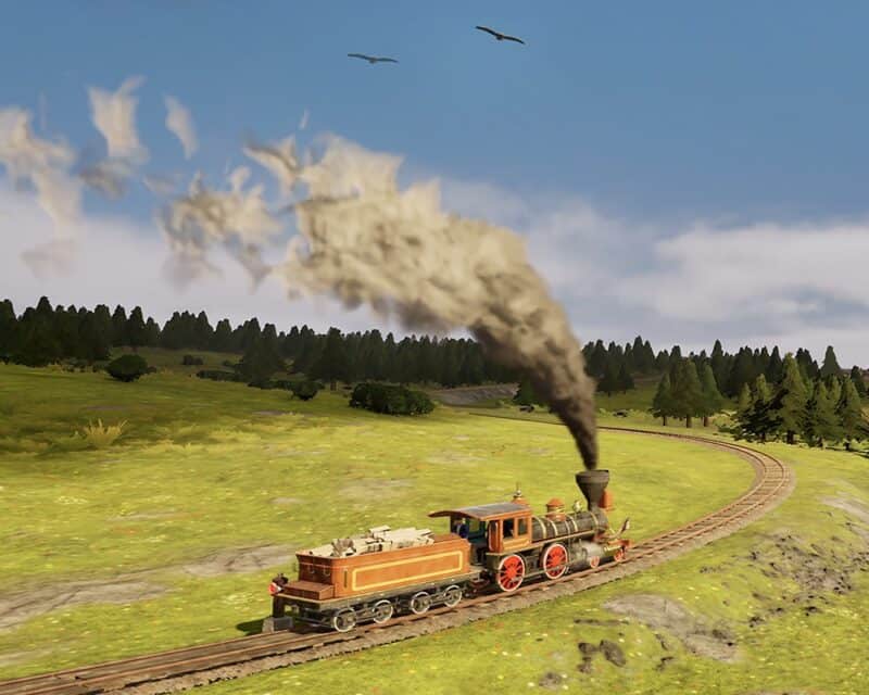 Railway Empire - kadr z gry, screen, pociąg, tory, zielona łąka