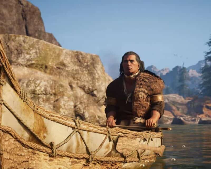 dialogi Indian Assassin’s Creed Valhalla - screen z gry, Indianin w łódce