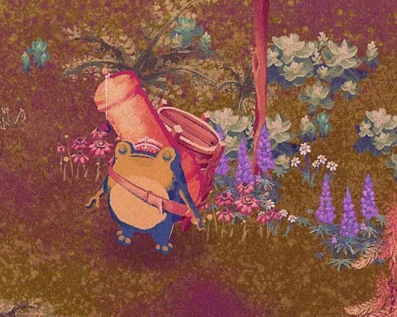 Ilustracja z gry The Garden Path - urocza żabka z wielkim plecakiem stoi na łące pośród kwiatów.