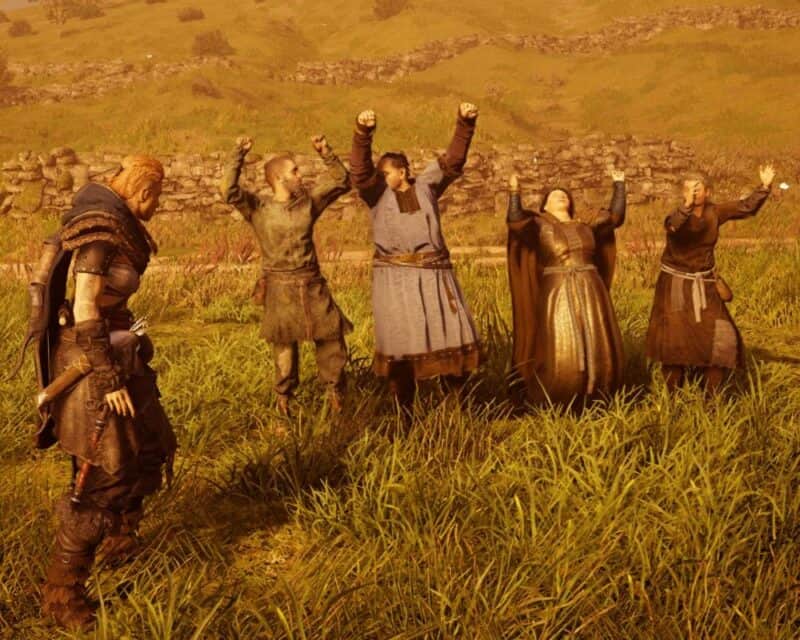 Assassin's Creed Valhalla Oblężenie Paryża, na obrazku cztery osoby wiwatują, kobieca Eivor stoi obok zdziwiona ich zachowaniem, całość spowija pomarańczowa łuna pożaru dziejącego się poza obrazkiem