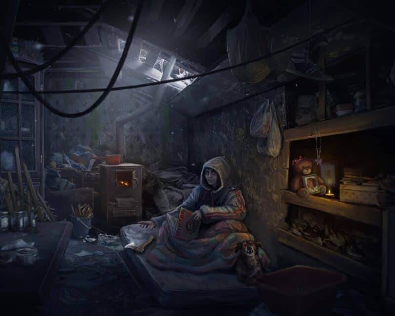 Dying Light 2 Stay Human geneza zombie – kobieta na materacu, ciemne pomieszczenie