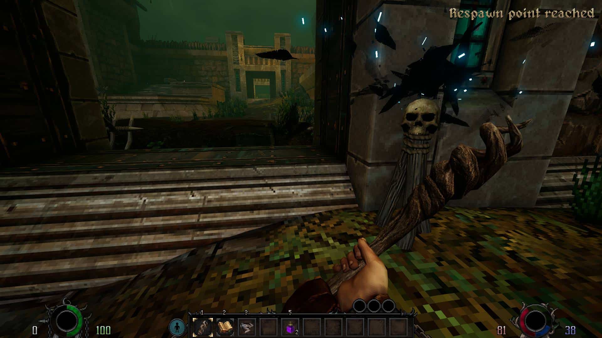 Graven; widoczny punkt respawnu postaci, kruk siedzący na czaszce