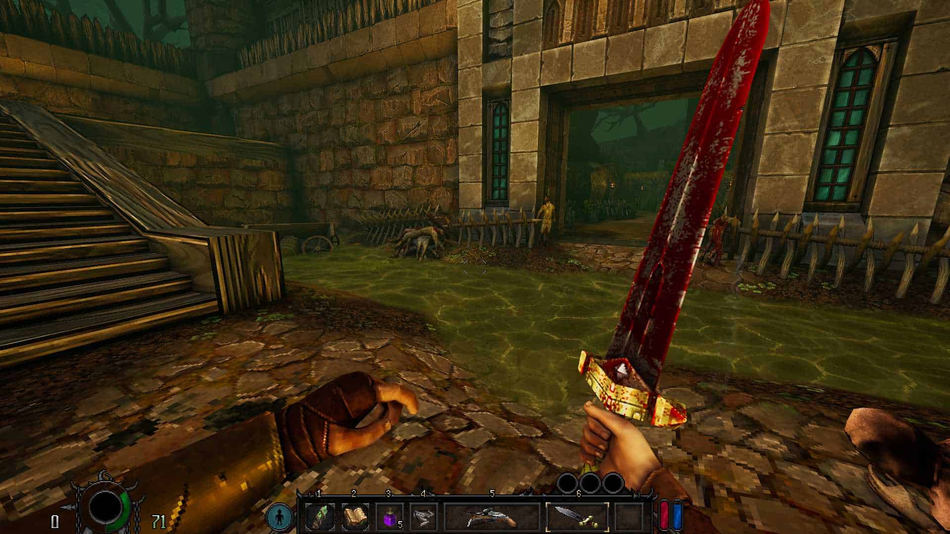 Graven; bohater trzyma w ręce zakrwawiony miecz