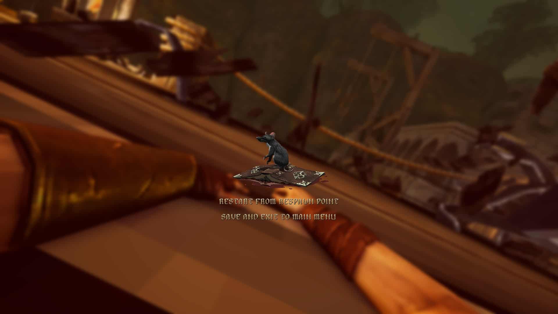 Graven; ekran pojawiający się po zgonie postacil szczur siedzący na książce