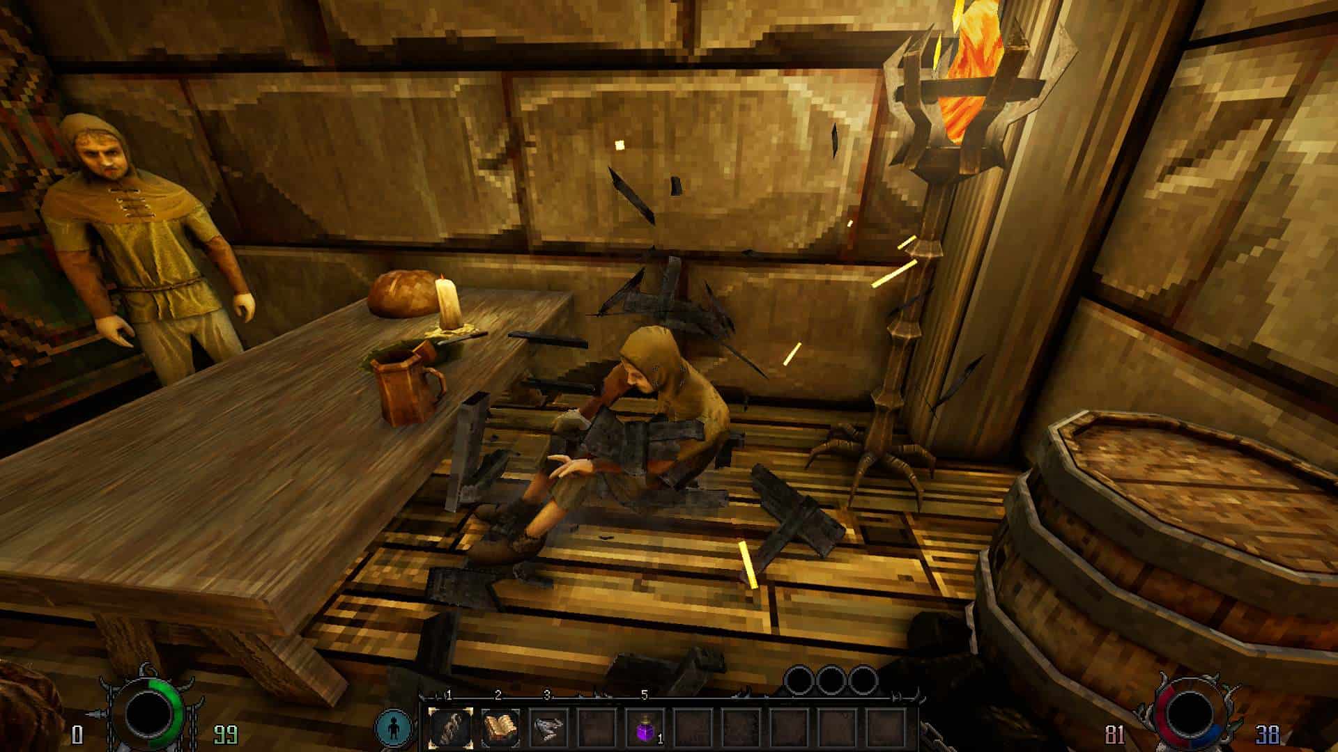 Graven; rozwalone krzesło i mężczyzna upadający na podłogę