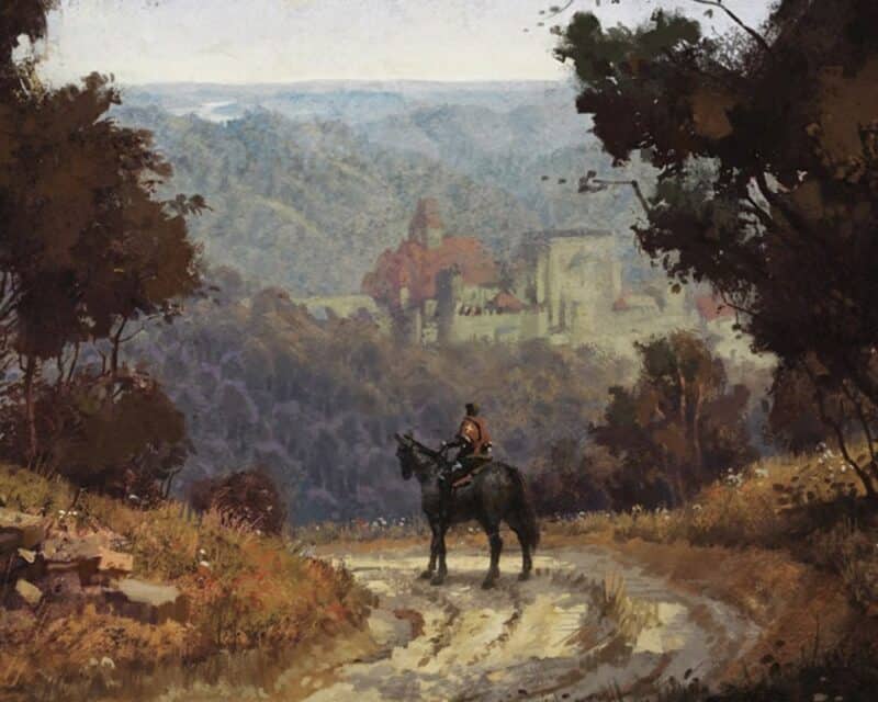 Kingdom Come: Deliverance - malarskie ujęcie rycerza na koniu zmierząjącego w kierunku odległego zamku