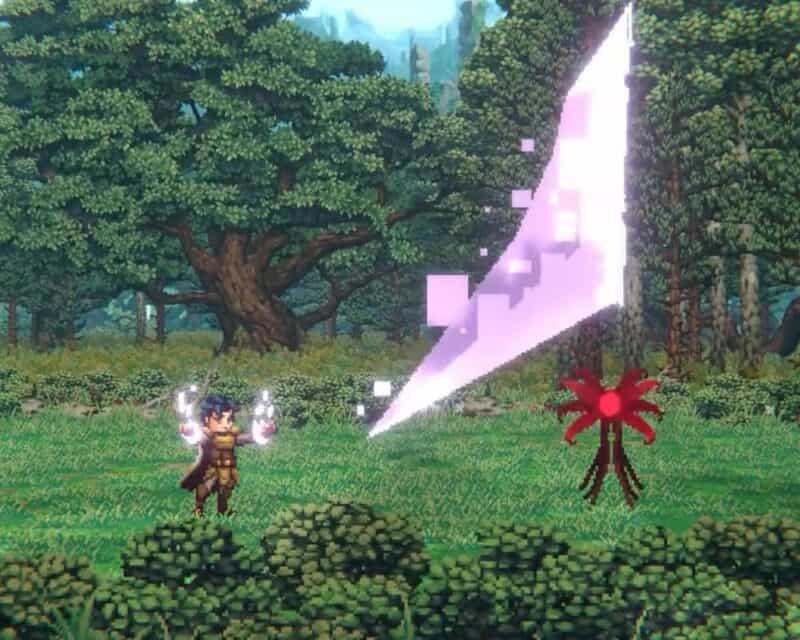 Zwiastun jRPG-a SacriFire – screen, pikselowa grafika, rycerz walczy z czerwonym pająkiem, las, łąka