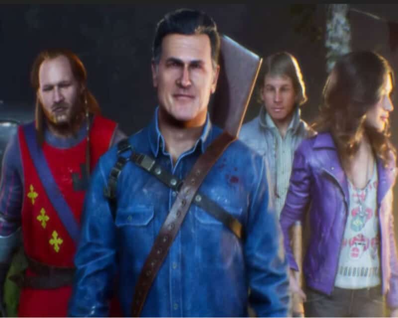 Evil Dead: The Game - na obrazku widoczne są cztery postacie. Na przedzie stoi w niebieskiej koszuli Ash Williams