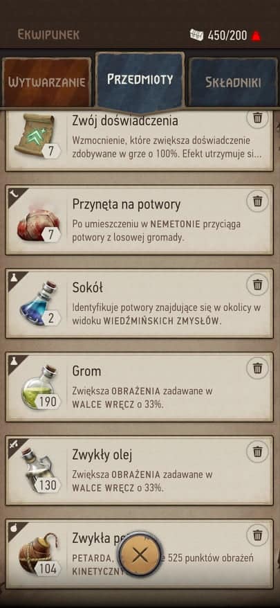 Wiedźmin Pogromca Potworów Ekwipunek