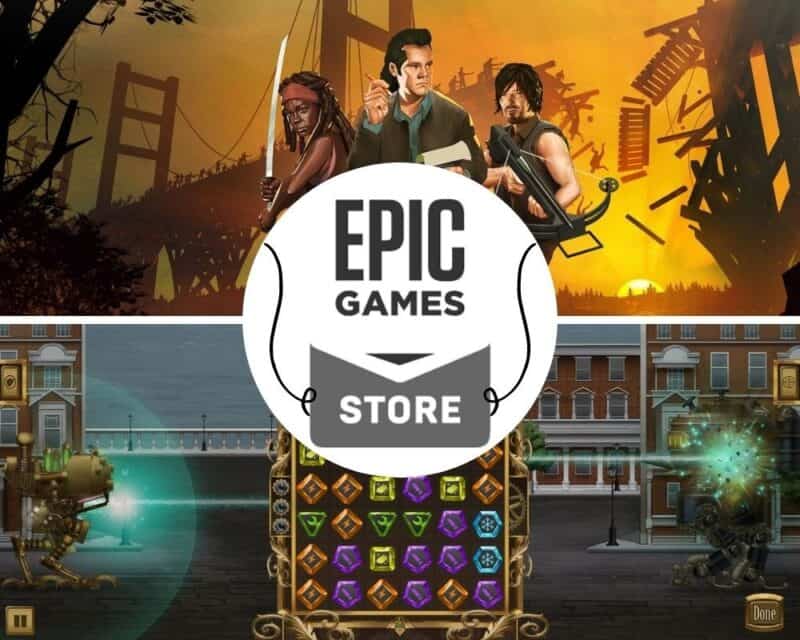 obrazek jest podzielony na dwie części: górna połowa przedstawia grę Bridge Constructor: The Walking Dead z trzema postaciami z serialu (dwóch mężczyzn i kobieta) na tle zarwanego mostu, a dolna połowa przedstawia screenshot z gry Ironcast z dwoma mechanicznymi przeciwnikami mierzącymi do siebie laserem - obie gry dostępne są za darmo w Epic Games Store