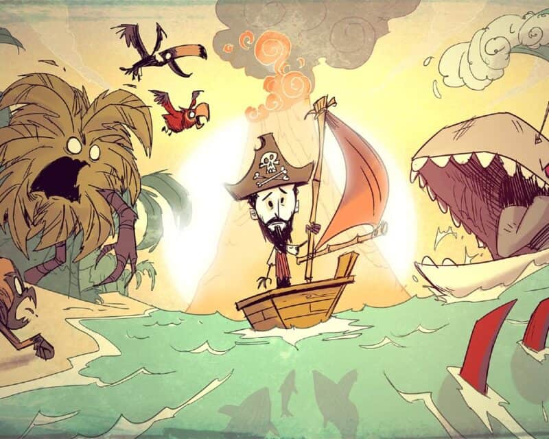 Don't Starve Together beta Waterlogged - plakat dodatku Shipwrecked, postać (Wilson) na łódce