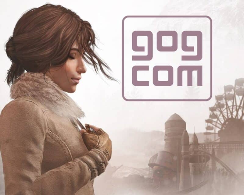 Syberia 1 i 2 za darmo w GOG.com, na grafice w sepii po lewej bohaterka gry w kucyku i jasnobeżowej kurtce, po prawej w oddali zarysy budynków, w górnym prawym roku logo sklepu GOG z literami g o g