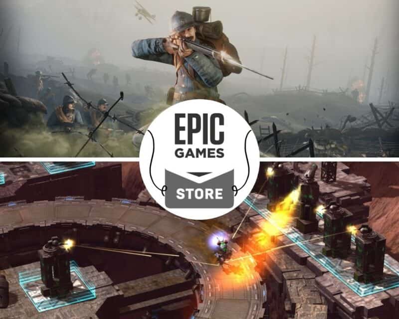 dwie gry za darmo, na górze Verdun i mężczyzna ze strzelbą w mundurze wojskowym, na dole screen z wieżyczkami strzelającymi ogniem do wrogów z Defense Grid: The Awakening