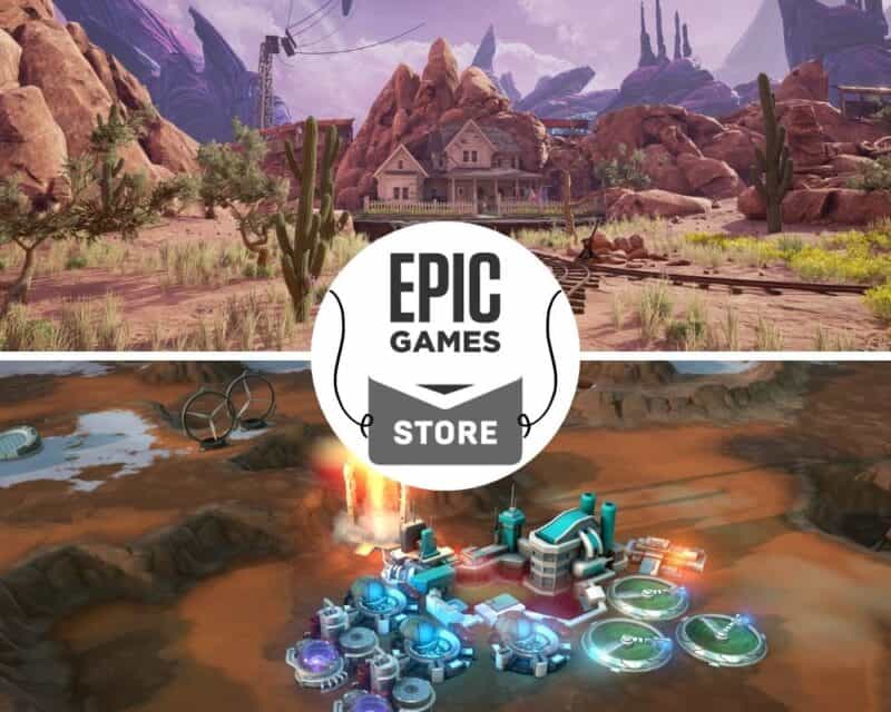Offworld Trading Company i Obduction za darmo, grafika podzielona na dwie części, górna przedstawia opustoszałe miasto na obcej planecie, a dolna opustoszały teren na Marsie z kilkoma dziwnymi klockami, na środku logo sklepu Epic Games Store