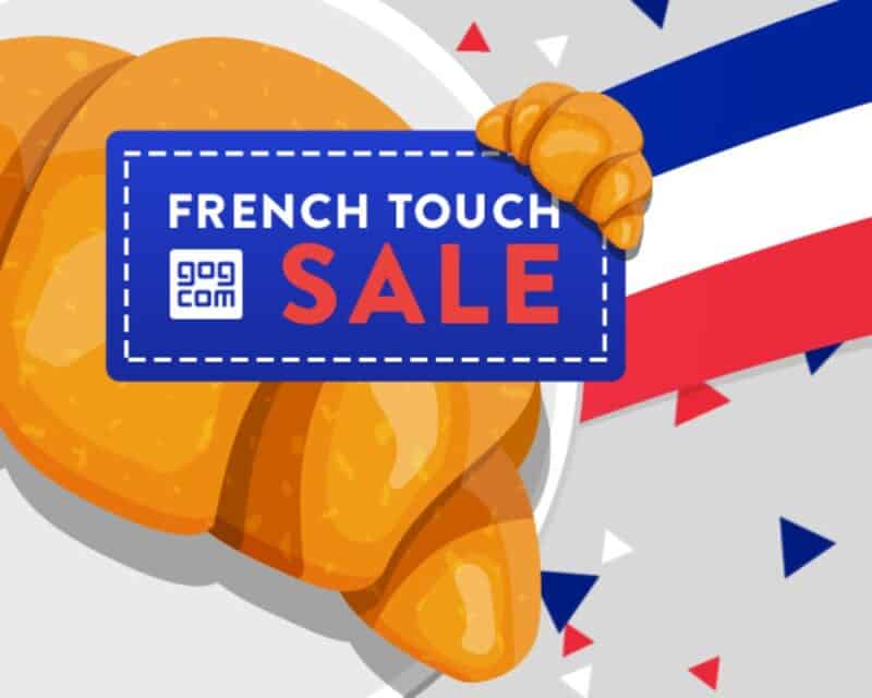 Tydzień francuskich gier na GOG na obrazku, w tle croissant na tle francuskiej flagi, a na nim kartka z nazwą festiwalu, czyli French Touch Sale