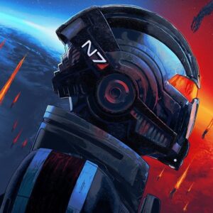 Grafika z kolekcji Mass Effect: Legendary Edition przedstawia portret postaci żołnierza z profilu, w charakterystycznym hełmie, najprawdopodobniej jest to Shepard. Postać dzieli umieszczoną w tle krzywiznę planety widzianą z orbity na dwie części, z lewej powierzchnia jest niebieska, z prawej ogniście czerwona, na obie spadają obiekty ciągnące za sobą płomienie po wejściu w atmosferę. Nie jest to kadr z misji usuniętej z Mass Effect.