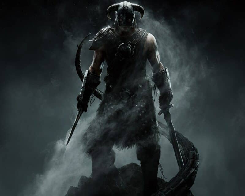 Dovahkiin na ciemnym, zadymionym tle. Lokacja z The Elder Scrolls V: Skyrim na Unreal Engine 5.