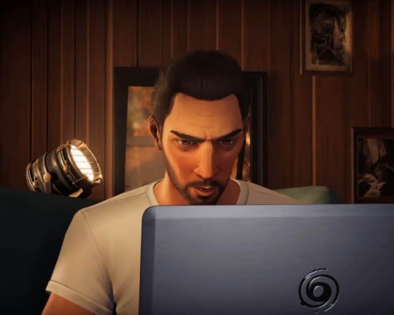 Alfred Hitchcock - Vertigo, gra inspirowana filmem, zwiastun – screenshot, mężczyzna przy laptopie