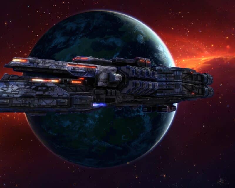 Rebel Galaxy za darmo Epic Games Store, na grafice obca planeta z cieniu i na jej tle wielki statek kosmiczny