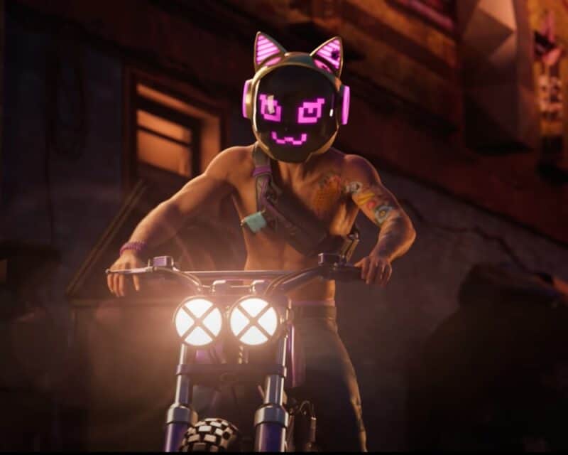 Saints Row reboot, zwiastun - screen z trailera, postać z hełmem z uszami i emotką