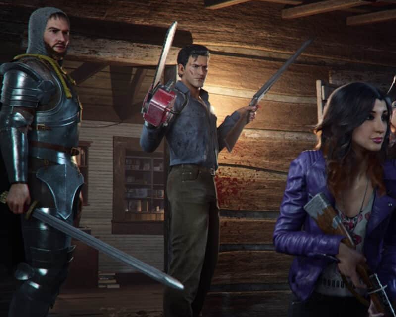 Evil Dead: The Game opóźniona premiera - na ilustracji Ash Williams wznosi piłę spalinową i kij robiący "bum", jest gotowy do walki.