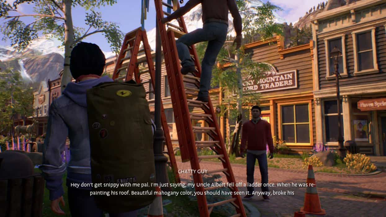 Life is Strange True Colors oceny krytyków – screen z gry, historia opowiadana przez rozgadanego pana, ulica, drabina