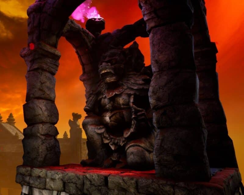 Escape from Naraka recenzja gry, widoczny posąg demona przypominającego małpę