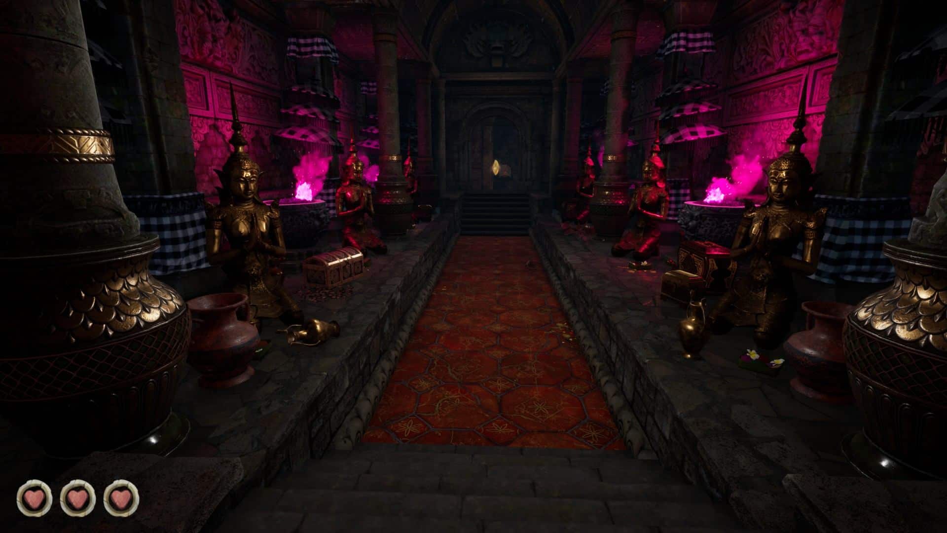 Escape from Naraka, korytarz pełen hinduskich posągów