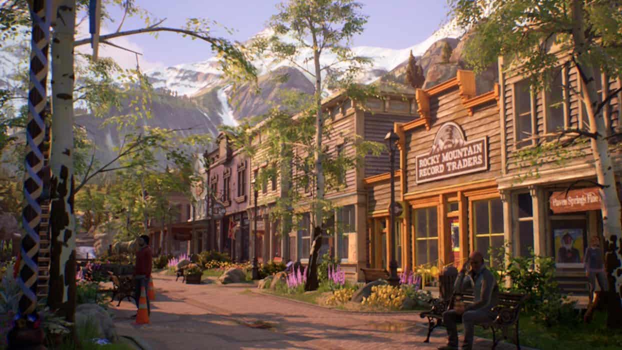 Life is Strange: True Colors – oceny krytyków, screen z gry, Haven Springs, wiosna, ulica, drzewa, budynki