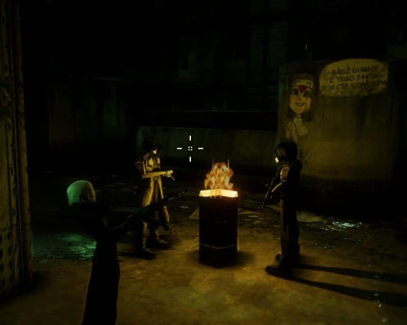 Screen z gry Peripeteia, Marie oraz dwie inne postaci stoją wokół płonącej beczki, Peripeteia historia Polski