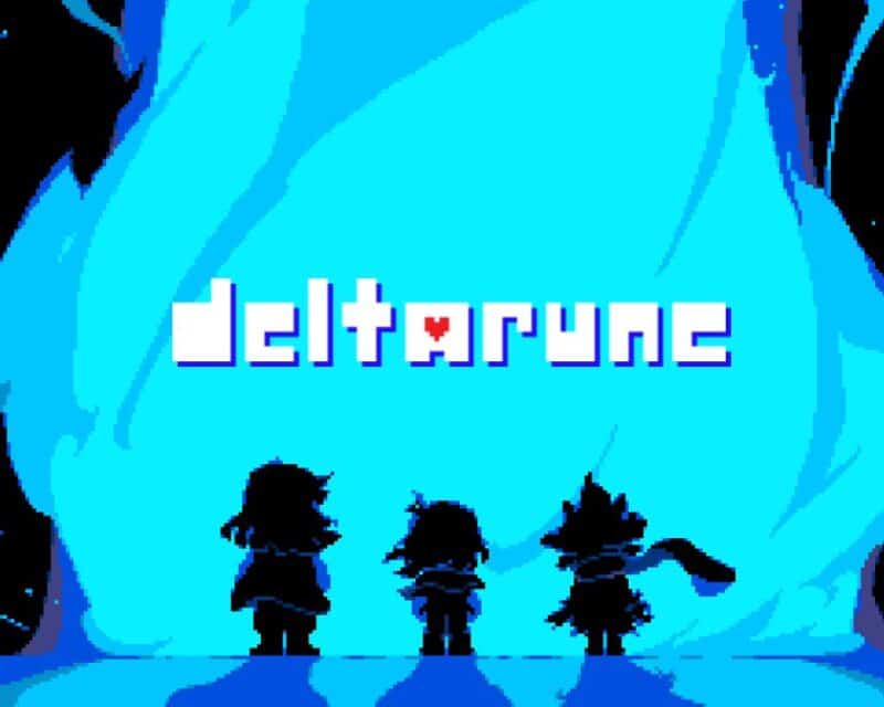 Popularność Deltarune – obrazek ilutracyjny, niebieski plakat z gry, trzy cienie w kształcie postaci