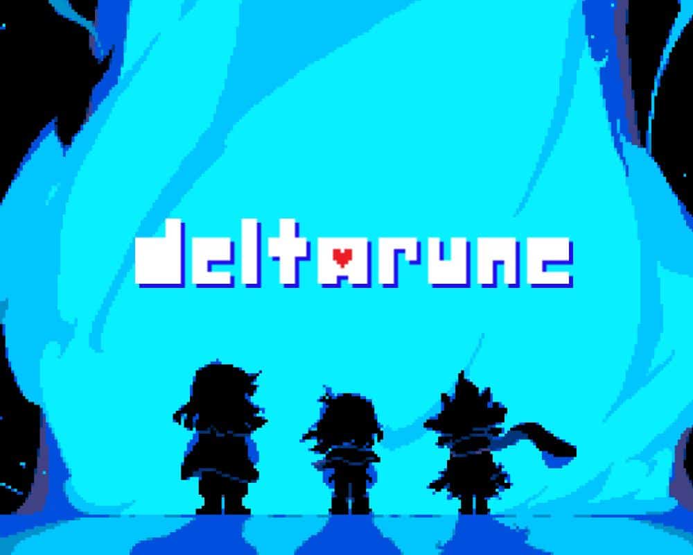 Popularność Deltarune – obrazek ilutracyjny, niebieski plakat z gry, trzy cienie w kształcie postaci