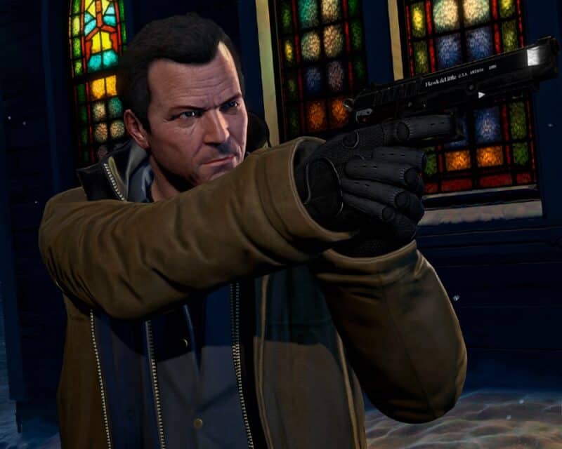 Premiera GTA V na PS5 została opóźniona - plakat z gry, bohater, Michael, pistolet