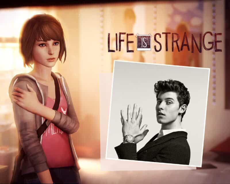 shawn mendes life is strange serial aktorski, na grafice zdjęcie Artysty czarno-białe, a za nim screen z gry z Max, dziewczyną w brązowych włosach do ramion