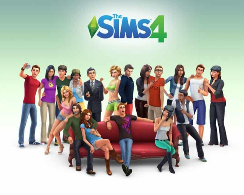 nowy wygląd Simów w The Sims 4, na grafice NPCe siedzący na kanapie i stojący wokół niej, masa postaci o różnym kolorze skóry, płci i pochodzeniu