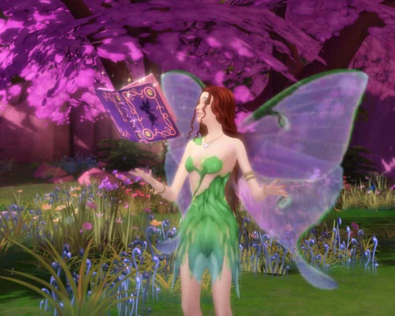 na obrazku wróżka w zielonej sukience, z jasnofioletowymi skrzydełkami, wróżki wilkołaki zombie The Sims 4