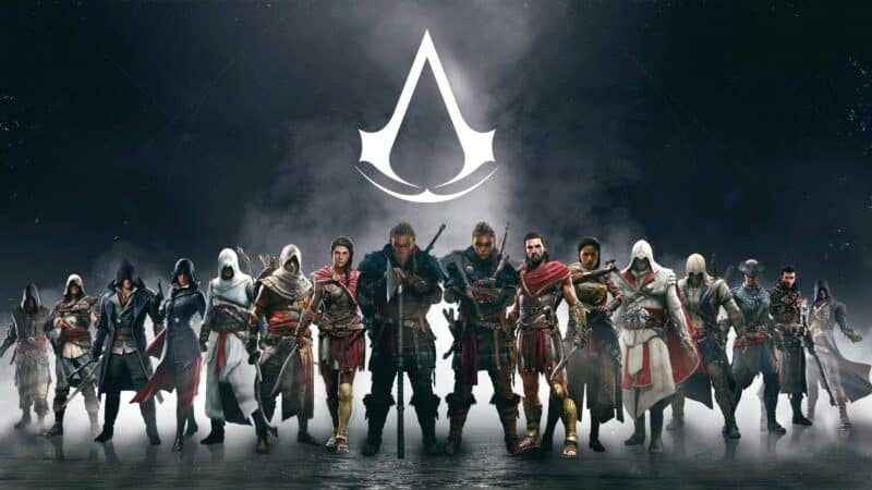 grafika zestawiająca ze sobą wszystkie postaci z serii Assassin's Creed, nad nimi logo serii. Assassin's Creed tryb Free to Play