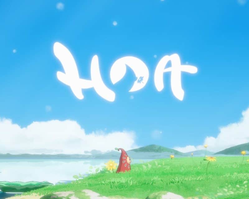 Hoa recenzja gry, widoczny tytuł na tle nieba oraz bohaterka idąca przez łąkę