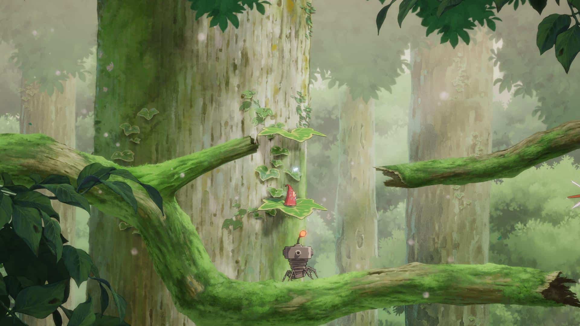 Hoa stojąca na liściu, poniżej na gałęzi drzewa znajduje się robot