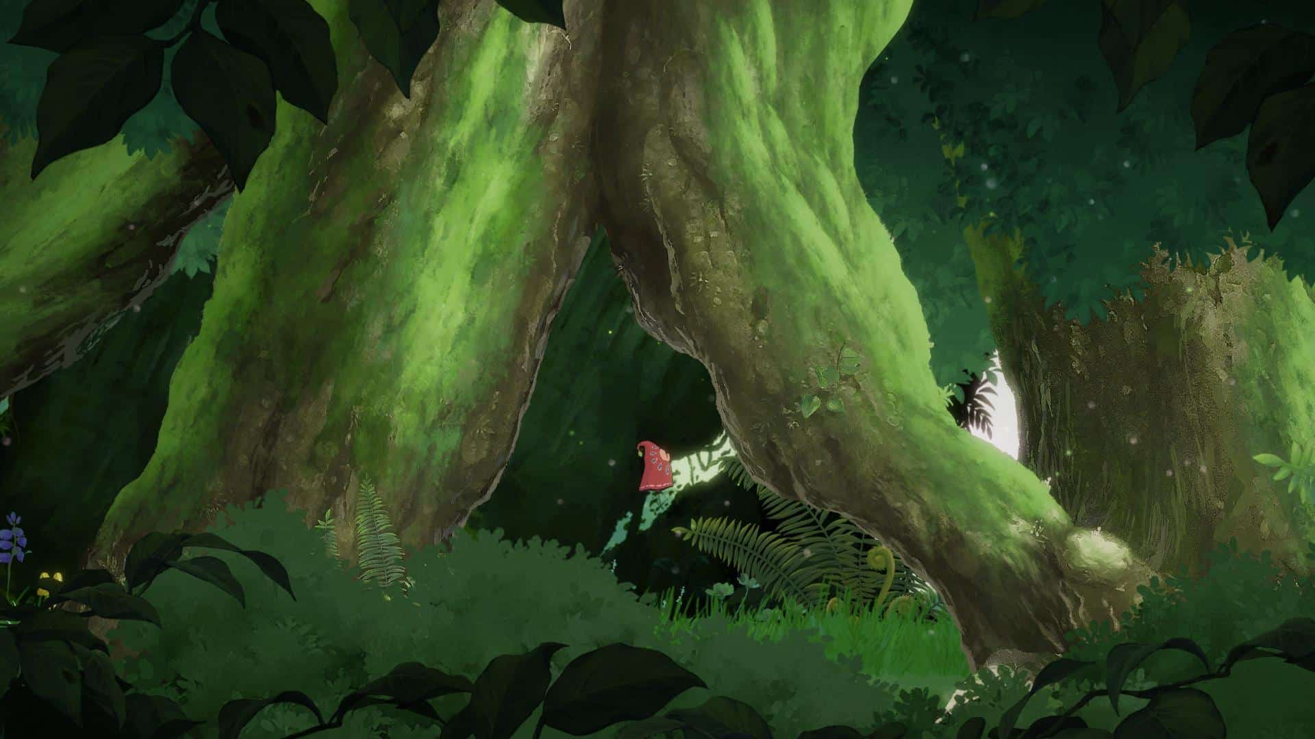 Hoa recenzja gry; bohaterka skacząca przez las, widać ogromne drzewa i rośliny, co podkreśla niewielkie rozmiary bohaterki